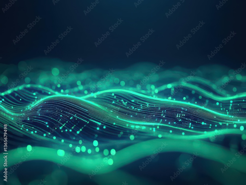 Poster mesmerizing dark background illuminated by vibrant green lights creating a dynamic wavy pattern evok