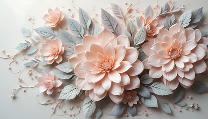 A beautiful floral arrangement in soft pastel hues, featuring soft peach, cream and lavender blossoms.