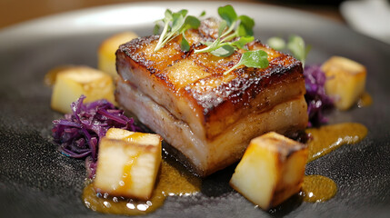 Slow Cooked Heritage Breed Pork Belly with Vegetables and Sauce Garnished with Microgreens
