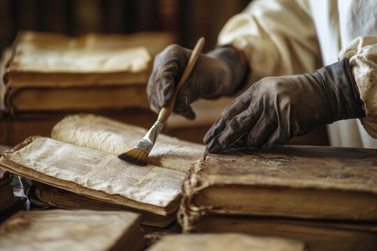 Gloved hands carefully restore ancient book pages with brush in serene setting.