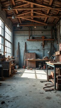 Rustic workshop with sunlit interior featuring tools and wooden beams