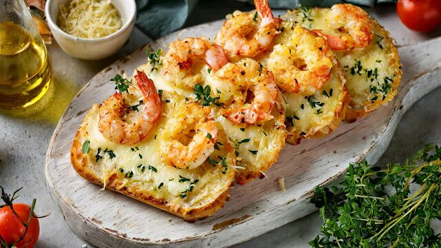 Delicious garlic shrimp toast served on a wooden board with fresh herbs and ingredients.