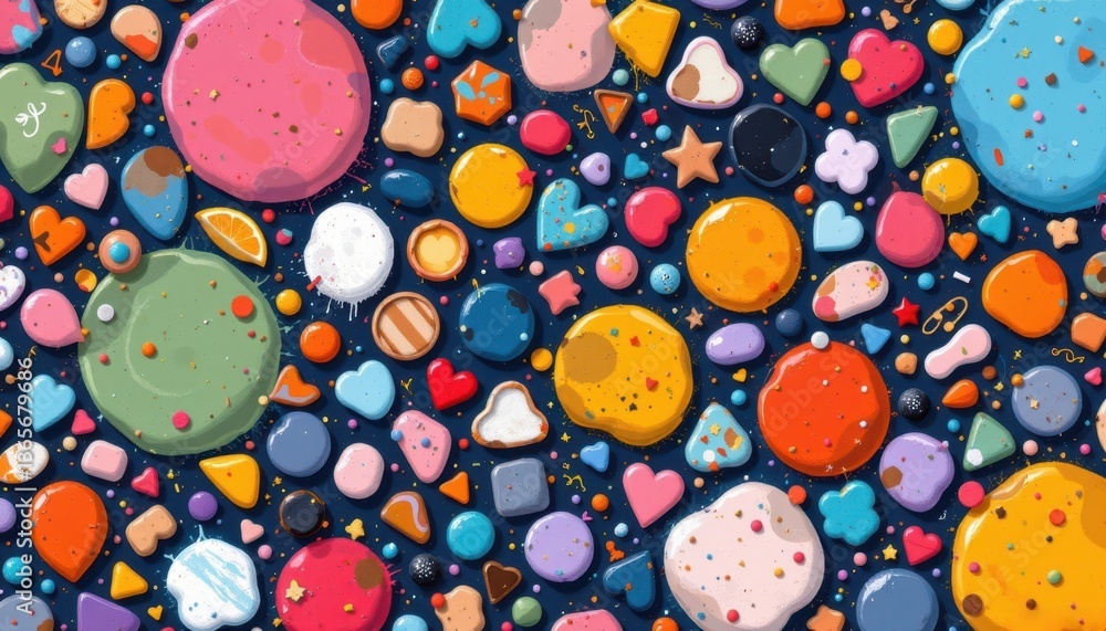 Poster illustrate an abstract terrazzo texture with varying shapes and sizes, emphasizing vibrancy and play