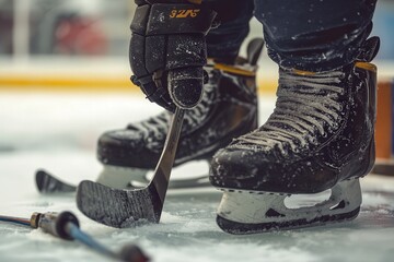 Close-up of hockey player preparing for action on the ice rink, focusing on skates and stick.