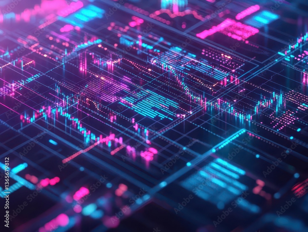 Poster futuristic computer circuit board illuminated by vibrant pink and blue led lights creating a dynamic