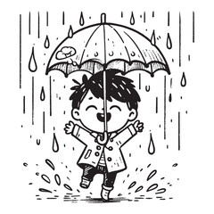 Hand-drawn black and white illustration of a happy boy playing in the rain while holding an umbrella.