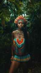 Woman wearing colorful attire explores a tropical jungle environment surrounded by lush greenery and vibrant wildlife