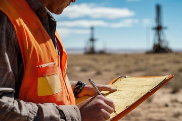 Obraz premium Male engineer in orange vest examining plans at a desert construction site.
