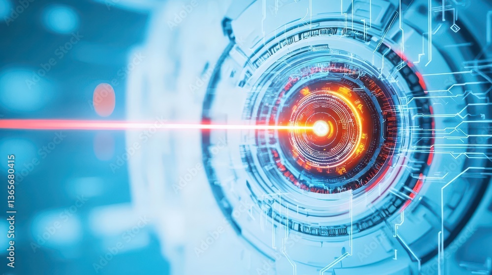 Poster intricate close up of a computer chip showcasing detailed circuitry and a vibrant red laser emitting