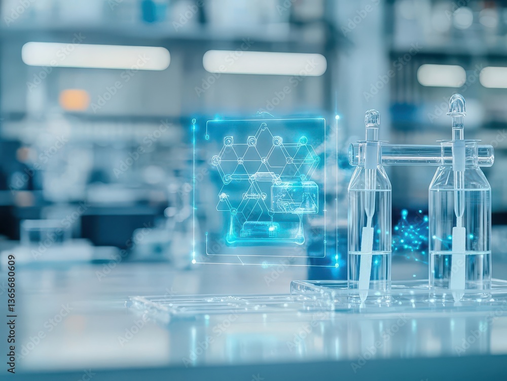 Poster laboratory table displaying glassware and bottles filled with colorful liquids creating a scientific