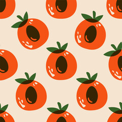 Apricot pattern. Seamless print apricots fresh organic fruits, cute cartoon background with half apricot and leaves for wrapping paper textile fabric design. Vector texture