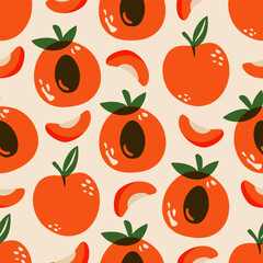 Apricot seamless pattern. Cartoon apricots endless print, fruit background with fresh ripe apricots, organic natural food sweet dessert for menu design wrapping paper. Vector texture