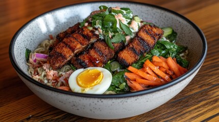 Bowl of sanos ramen featuring breaded chicken, eggs, spinach, and fresh vegetables served in a close-up composition