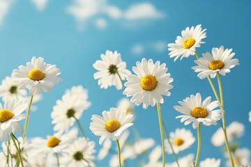 A vibrant image of a field of white daisies reaching towards a clear blue sky, symbolizing purity and new beginnings. MZ 