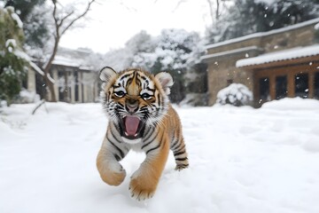 Obraz premium A cute little tiger cub running in the snow