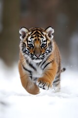 Obraz premium A cute little tiger cub running in the snow