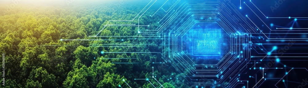 Poster Enchanting Forest Scene with Lush Greenery and Digital Hexagonal Patterns Merging Nature and Technology in a Unique Visual Experience
