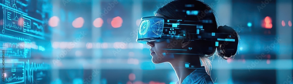 Poster woman engaged in virtual reality experience wearing innovative glasses while focused on computer scr
