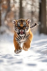 Obraz premium A cute little tiger cub running in the snow