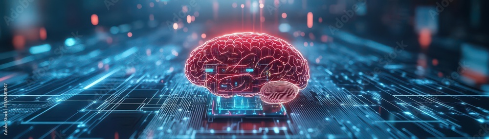 Poster intricate brain embedded in futuristic circuitry symbolizing advanced technology and intelligence in
