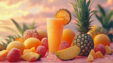 Tropical Fruit Smoothie Sunset Scene