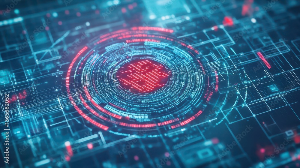 Aufkleber a vibrant red circle set against a deep blue circuit background symbolizing technology innovation an
