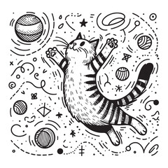 Hand-drawn illustration of a cat floating in space with planets and stars in a whimsical cosmic scene.