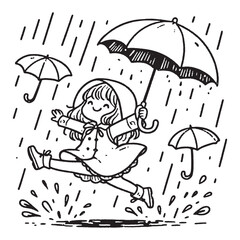 Smiling girl in a raincoat joyfully jumping in puddles with an umbrella in a whimsical hand-drawn style.