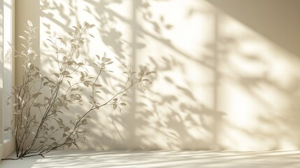 Serene branches cast delicate shadows, a peaceful moment of sunlit tranquility in a minimalist interior space.
