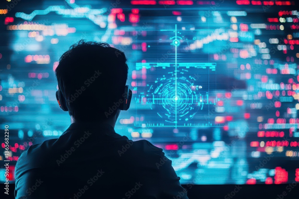 Aufkleber man gazing at a futuristic cityscape with a high-tech interface and vibrant neon lights creating a v