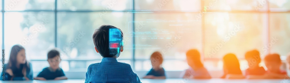 Poster professional woman in tailored suit engaging with futuristic virtual interface displayed on screen i