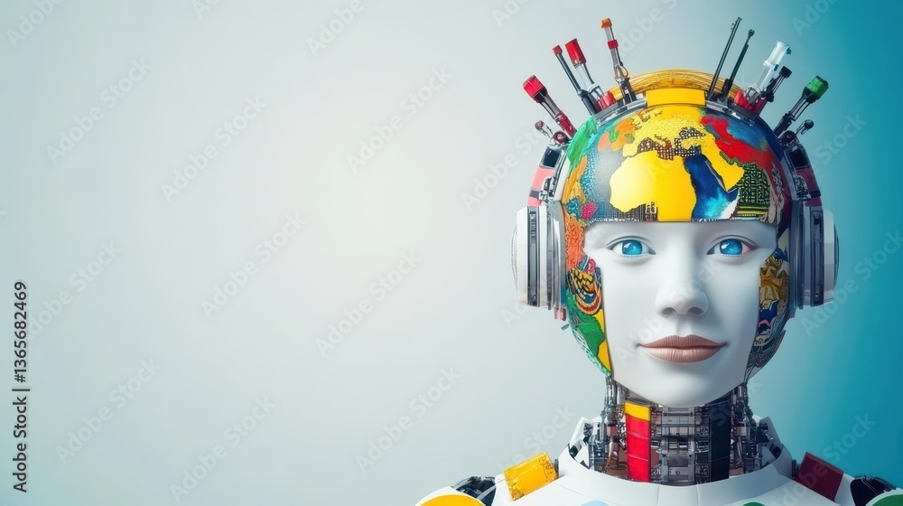 Poster futuristic robot with headphones displaying a unique blend of technology and music culture in a mode