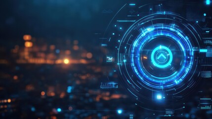 Obraz premium Futuristic Interface Design Featuring a Glowing Circular Element with Vivid Light Effects Against a Sleek Modern Background of Technology and Innovation