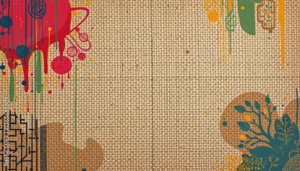 Aufkleber illustrate a stylized burlap background with abstract patterns and colors for added visual interest.