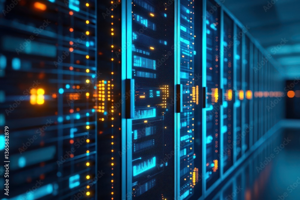 Poster high-tech server in modern server room surrounded by network equipment illuminated by soft blue ligh