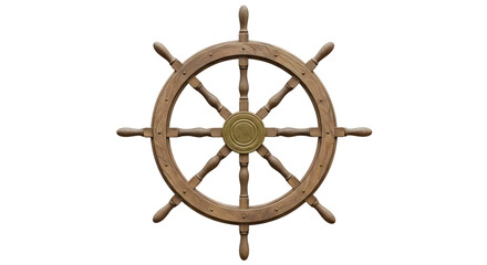 Fototapeta premium Vintage wooden ship wheel isolated on a white background, showcasing nautical design and craftsmanship, perfect for marine-themed decor and imagery