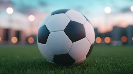 Fototapeta premium Close-up of Black and White Soccer Ball on Green Grass Field at Dusk