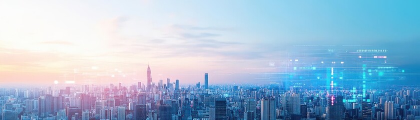 Futuristic Cityscape Featuring Innovative Digital Interface and Skyscrapers Illuminated at Night Creating a Vibrant and Dynamic Urban Atmosphere