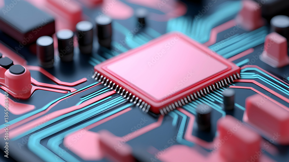 Poster close up of colorful circuit board with red microchip