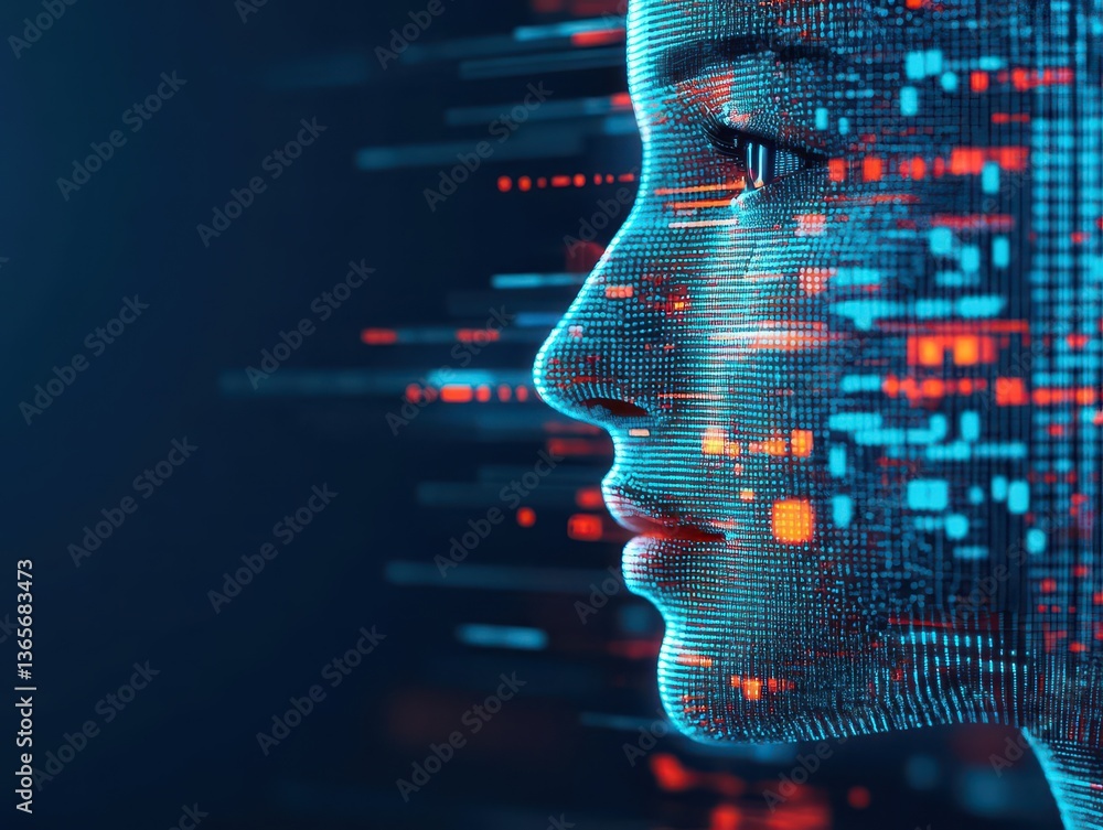 Poster a captivating portrait of a woman with intricate binary code over her face symbolizing technology an