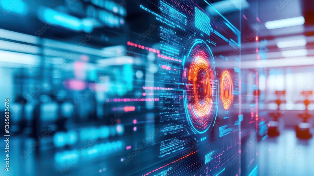 Poster vibrant abstract computer screen displaying dominant red and blue circular patterns evoking modern d
