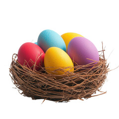 Obraz premium easter concept, Colorful eggs nestled in a twig nest against a black background.