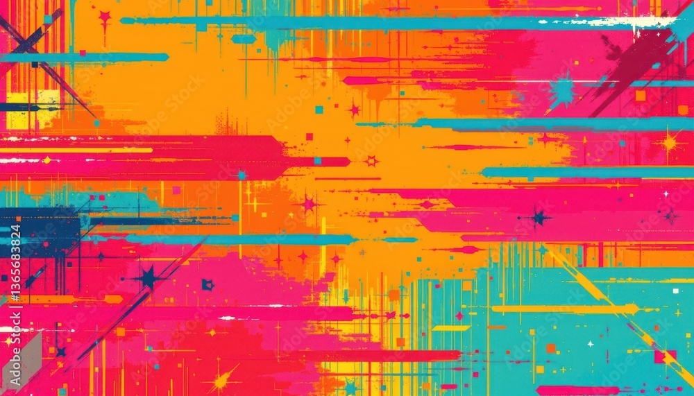 Poster illustrate a stylized glitch texture showcasing bold colors and broken patterns for an energetic vis