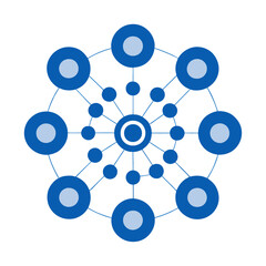 A structured grid of circles, each featuring radial lines and decorative dots, resembling a futuristic blueprint on a white background