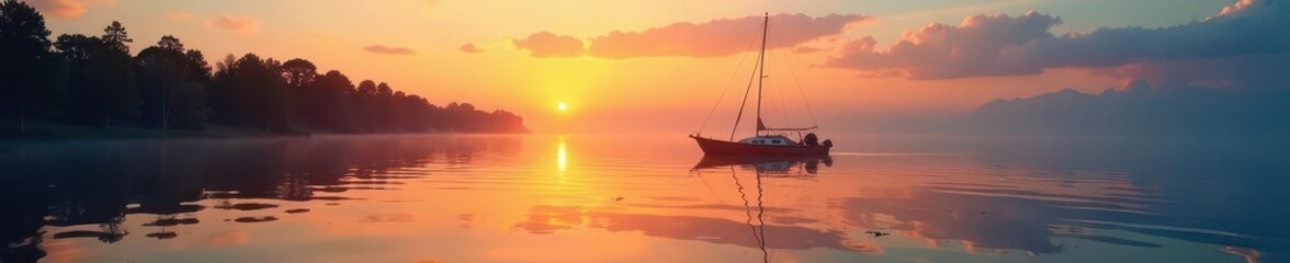 Naklejka premium Fishing boat on calm Michigan lake at sunrise, tranquil, dawn, idyllic