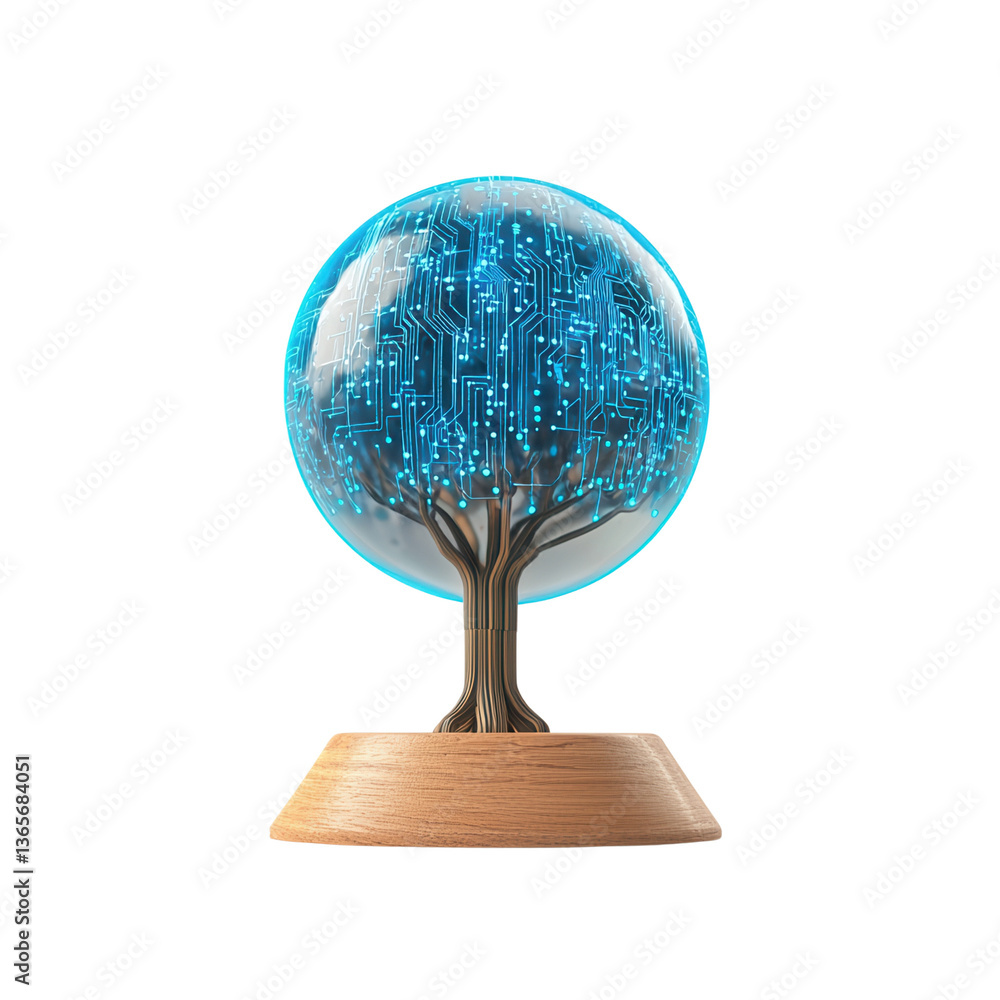Poster a futuristic tree with circuit patterns in a glass sphere.