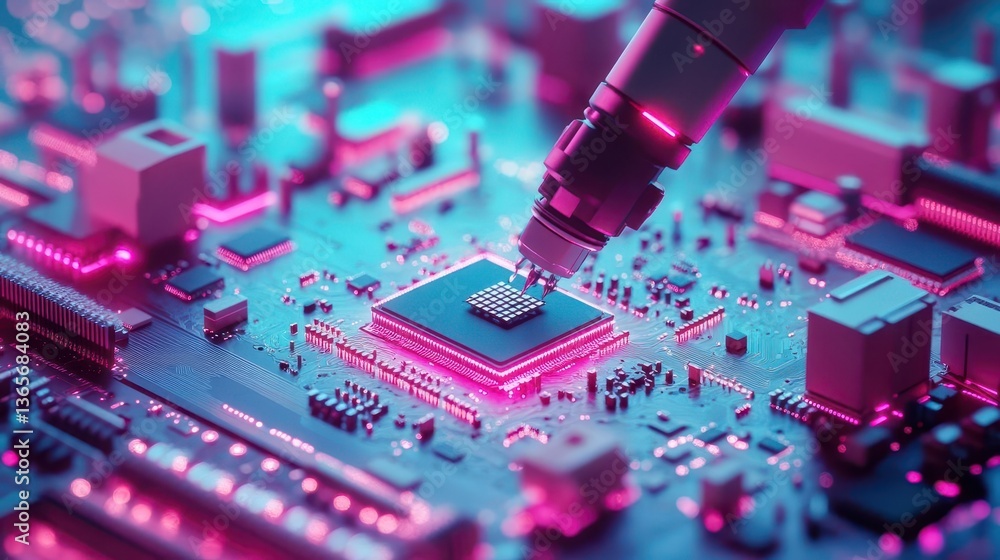 Poster intricate microscope resting on high-tech computer motherboard symbolizing the intersection of scien