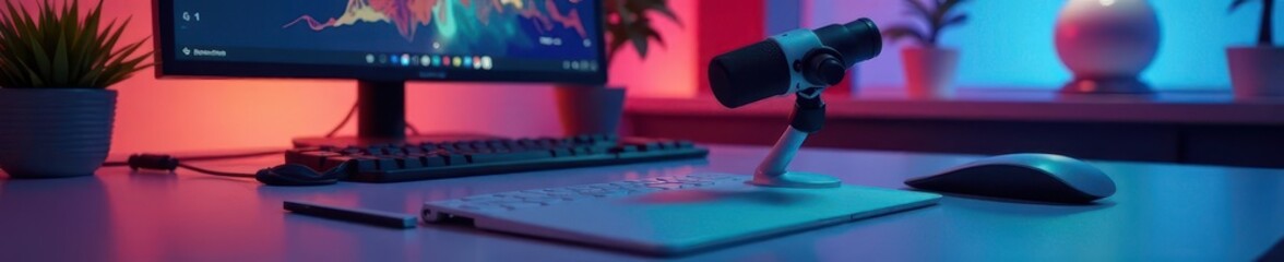 Futuristic microphone & digital display on stylish desk, speech, AI, clean