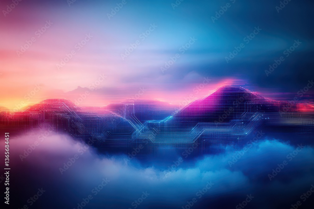 Poster futuristic cityscape high above the clouds with sleek architecture and bright neon lights creating a