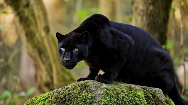 A black panther quietly moves on a moss-covered rock in a vibrant forest setting. This elegant creature intently scans its habitat, showcasing its beauty in natural light